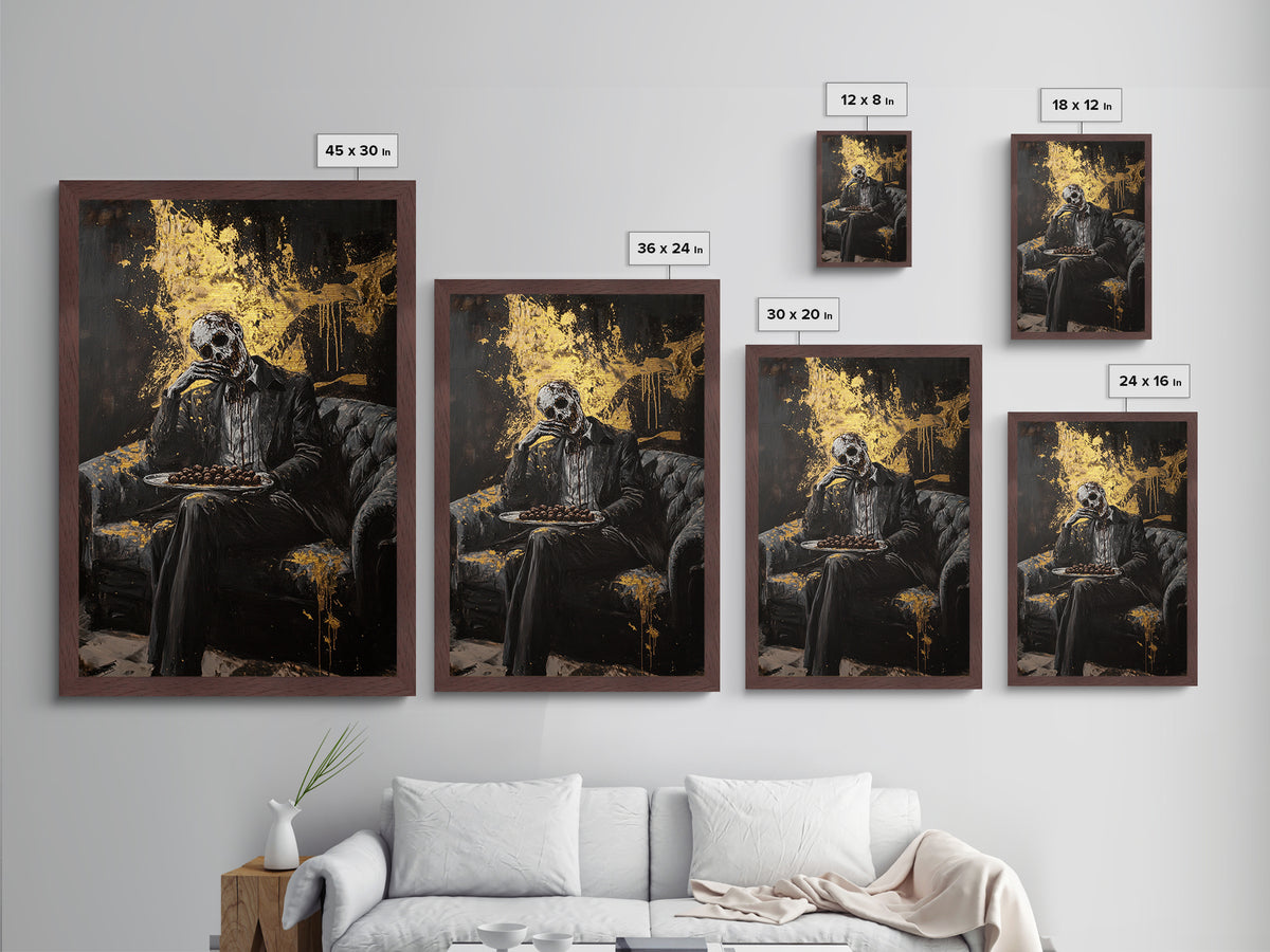 Skull Butler Metallic Gold Art, Gothic Horror Metal Art with Wooden Frame, Spooky Halloween Creepy Wall Decor Accent
