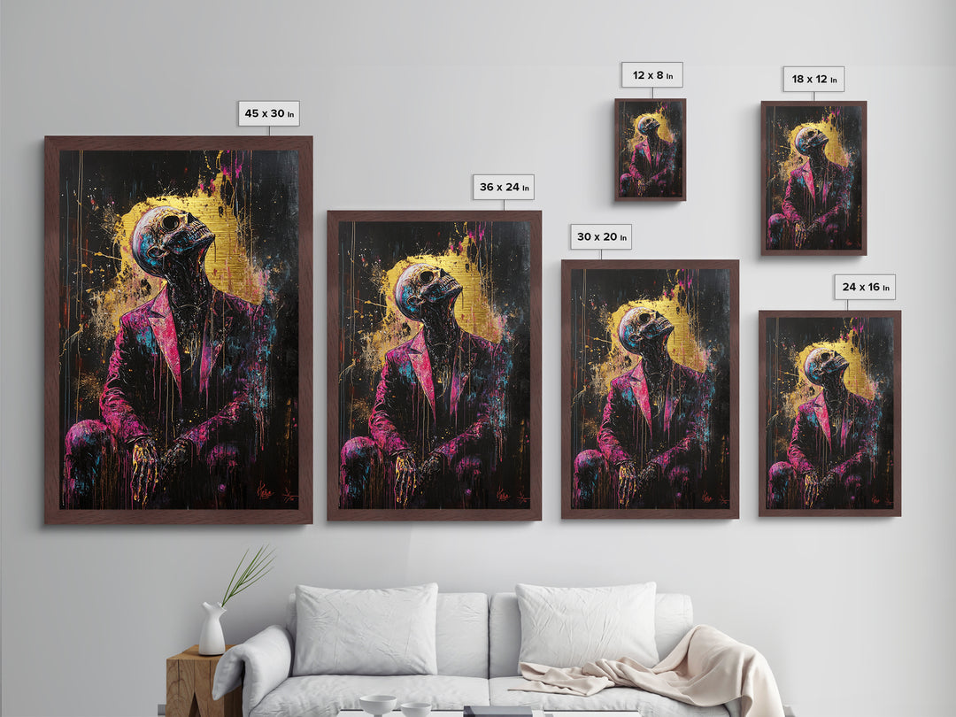 Skeleton Gentleman Gothic Metal Art, Vibrant Horror Metallic Gold Art with Real Wood Frame, Creepy Halloween Wall Decor
