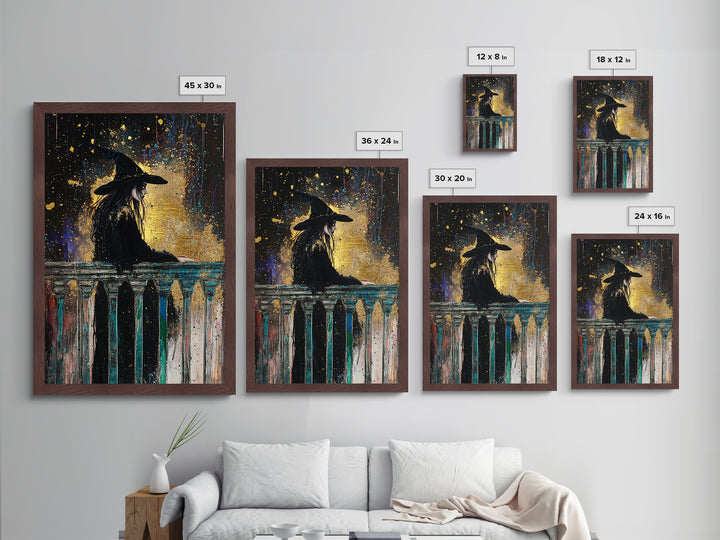 Witch on Balcony Gothic Metal Art, Spooky Metallic Gold Art with Wooden Frame, Halloween Haunted Season Wall Decor Accent