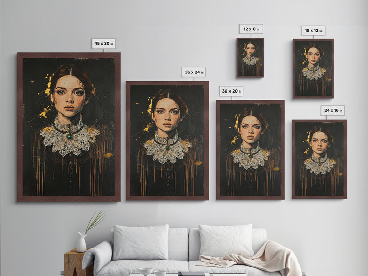 Victorian Lady Metallic Gold Art Metal Art Gothic Haunted Portrait with Lace Collar Framed in Real Wood Halloween Home Decor