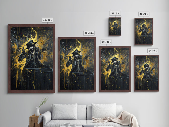 Top Hat Horror Metallic Gold Art Metal Art Gothic Creepy Halloween Painting with Real Wood Frame Haunted Spooky Season Decor