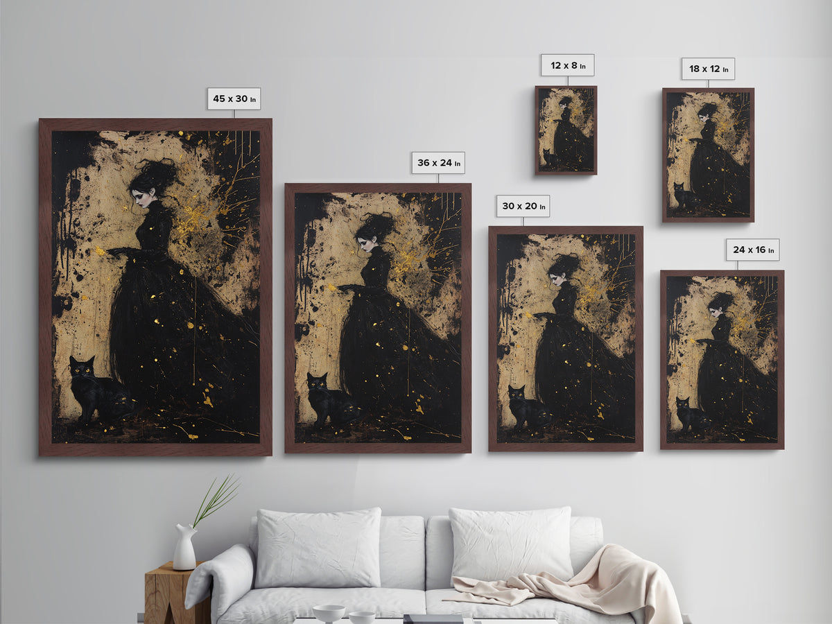 Gothic Witch Metallic Gold Art Metal Art Haunted Woman and Black Cat Framed in Natural Wood Spooky Halloween Wall Artwork