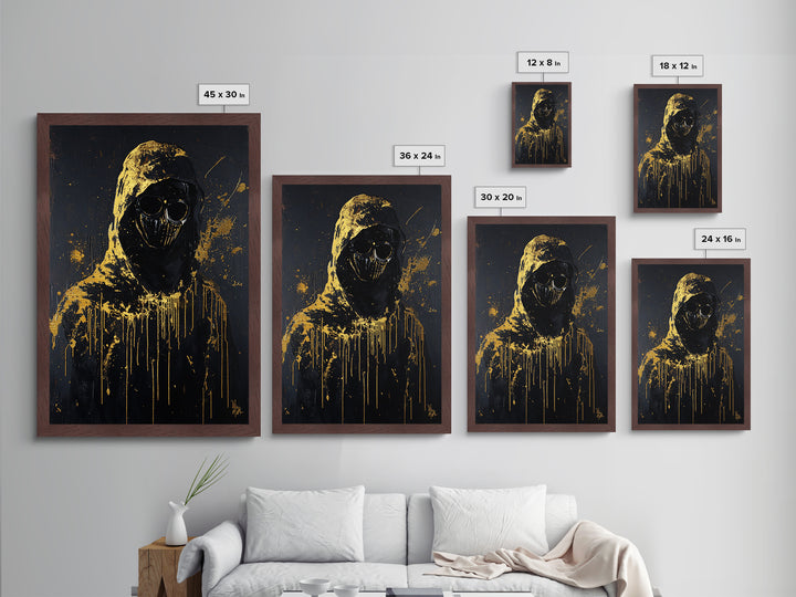 Dark Hooded Figure Metallic Gold Art Metal Art Gothic Creepy Halloween Painting in Real Wood Frame Haunted Spooky Season Decor