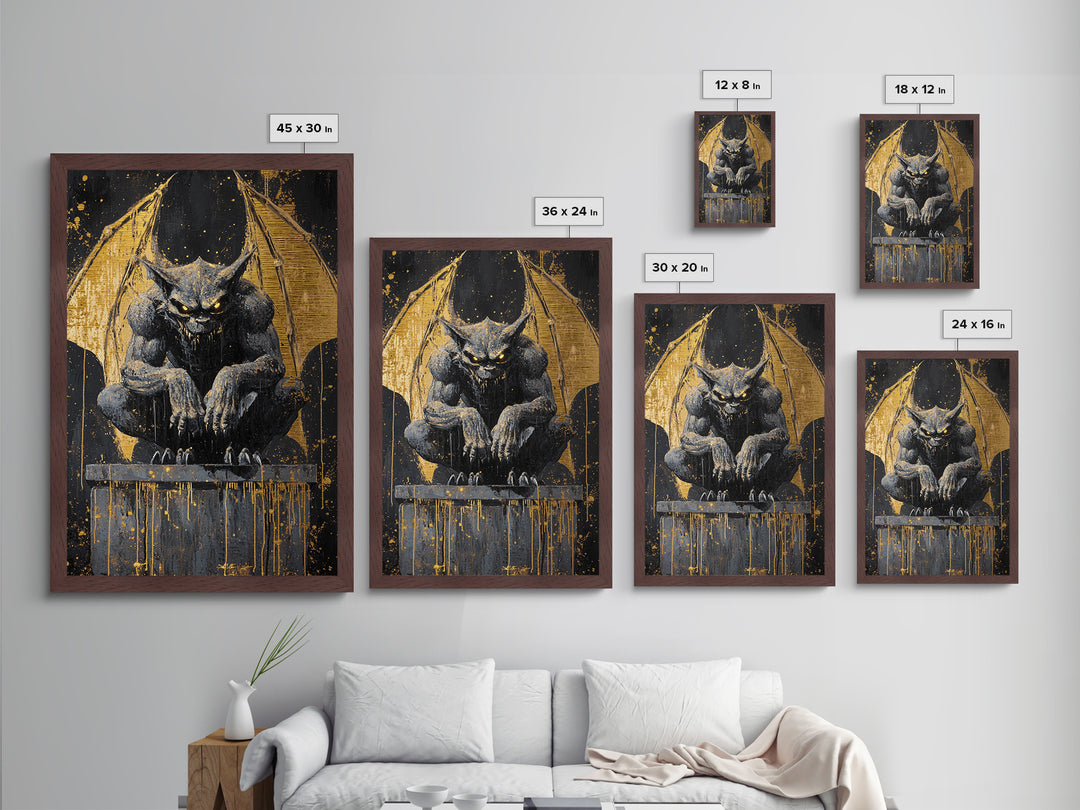 Gargoyle Metallic Gold Art Metal Art Gothic Demon Halloween Statue Painting Framed in Real Wood Spooky Haunted Wall Artwork