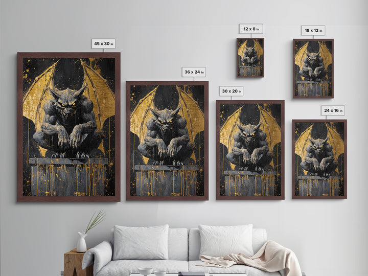 Gargoyle Metallic Gold Art Metal Art Gothic Demon Halloween Statue Painting Framed in Real Wood Spooky Haunted Wall Artwork