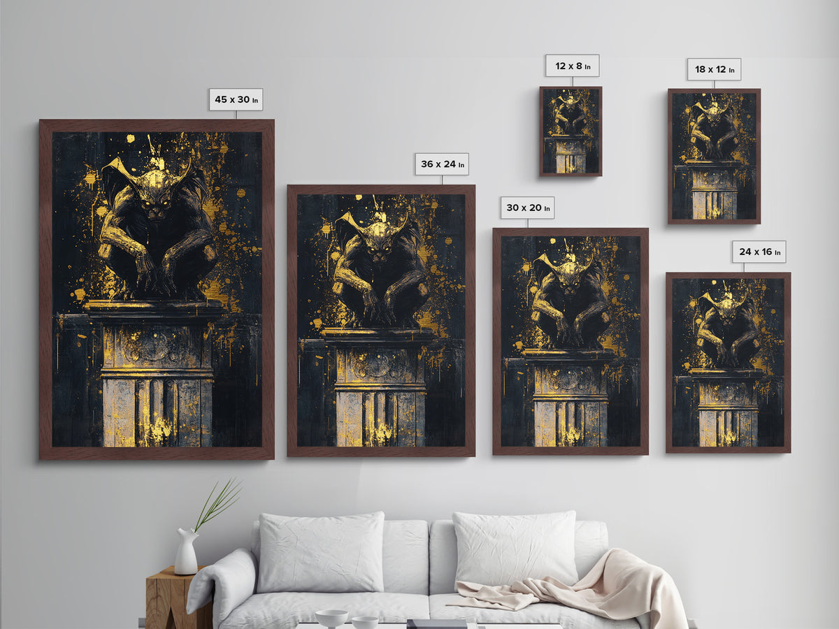 Gothic Gargoyle Metallic Gold Art Metal Art | Haunted Wall Decor with Real Wood Frame for Spooky Season and Halloween Vibes
