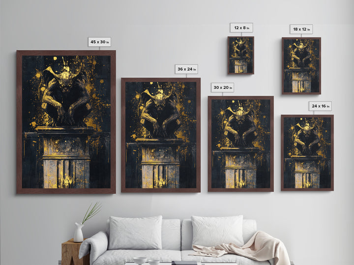 Gothic Gargoyle Metallic Gold Art Metal Art | Haunted Wall Decor with Real Wood Frame for Spooky Season and Halloween Vibes