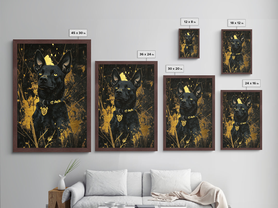 Halloween Black Dog Metallic Gold Art Metal Art | Spooky Pet Portrait Wall Decor Framed in Natural Wood Gothic Style