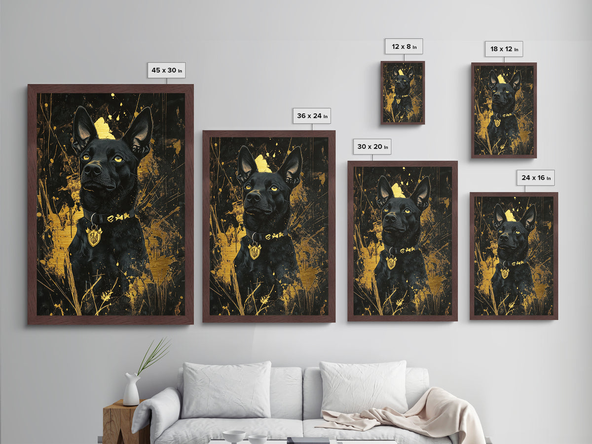 Halloween Black Dog Metallic Gold Art Metal Art | Spooky Pet Portrait Wall Decor Framed in Natural Wood Gothic Style