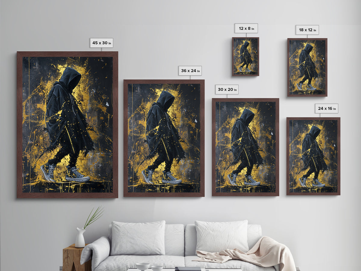 Creepy Hooded Figure Metallic Gold Art Metal Art | Spooky Season Wall Art Framed in Real Wood | Halloween Haunted Decor