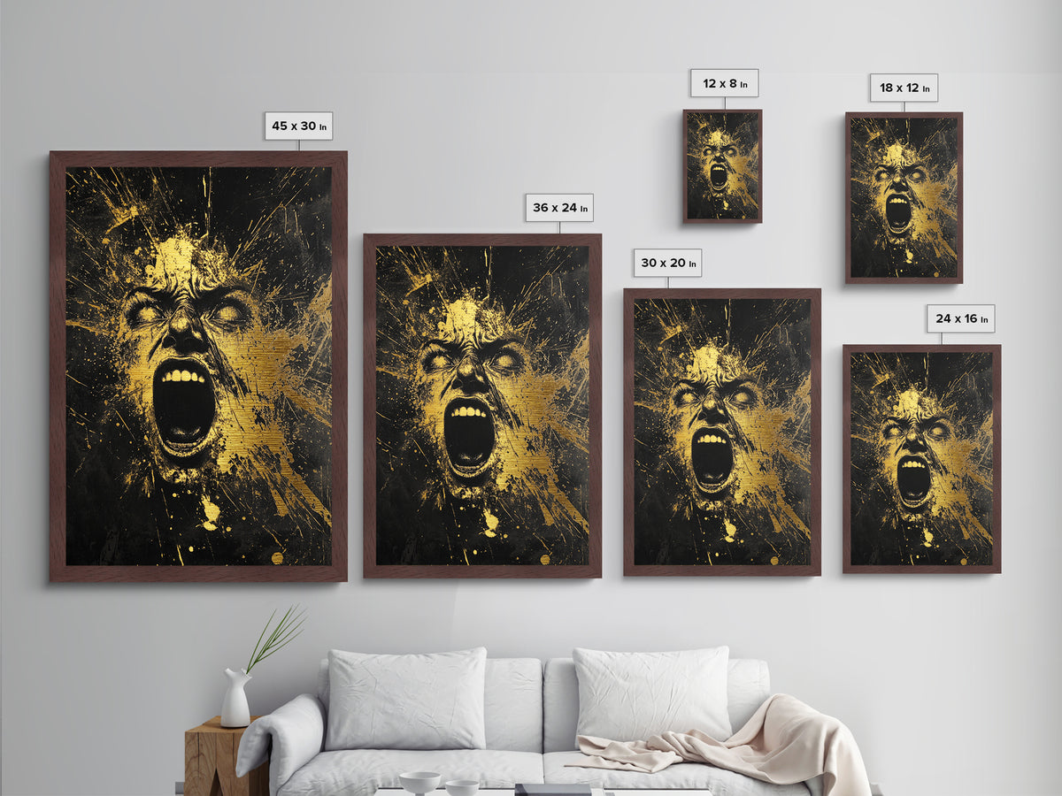 Horror Scream Face Metallic Gold Art Metal Art | Haunted Gothic Halloween Wall Art in Real Wood Frame | Spooky Home Accent