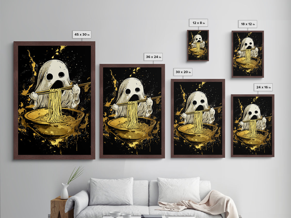 Ghost Ramen Metallic Gold Art Metal Art, Funny Spooky Halloween Wall Art, Noodle Lover Haunted Decor in Real Wood Frame
