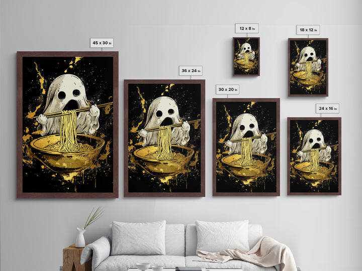 Ghost Ramen Metallic Gold Art Metal Art, Funny Spooky Halloween Wall Art, Noodle Lover Haunted Decor in Real Wood Frame