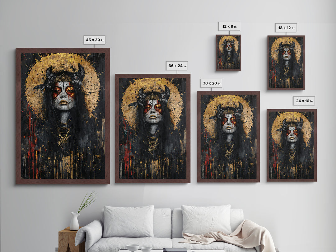Witch Queen Portrait Metallic Gold Art Metal Art | Gothic Halloween Wall Decor with Natural Wood Frame | Spooky Witchy Design