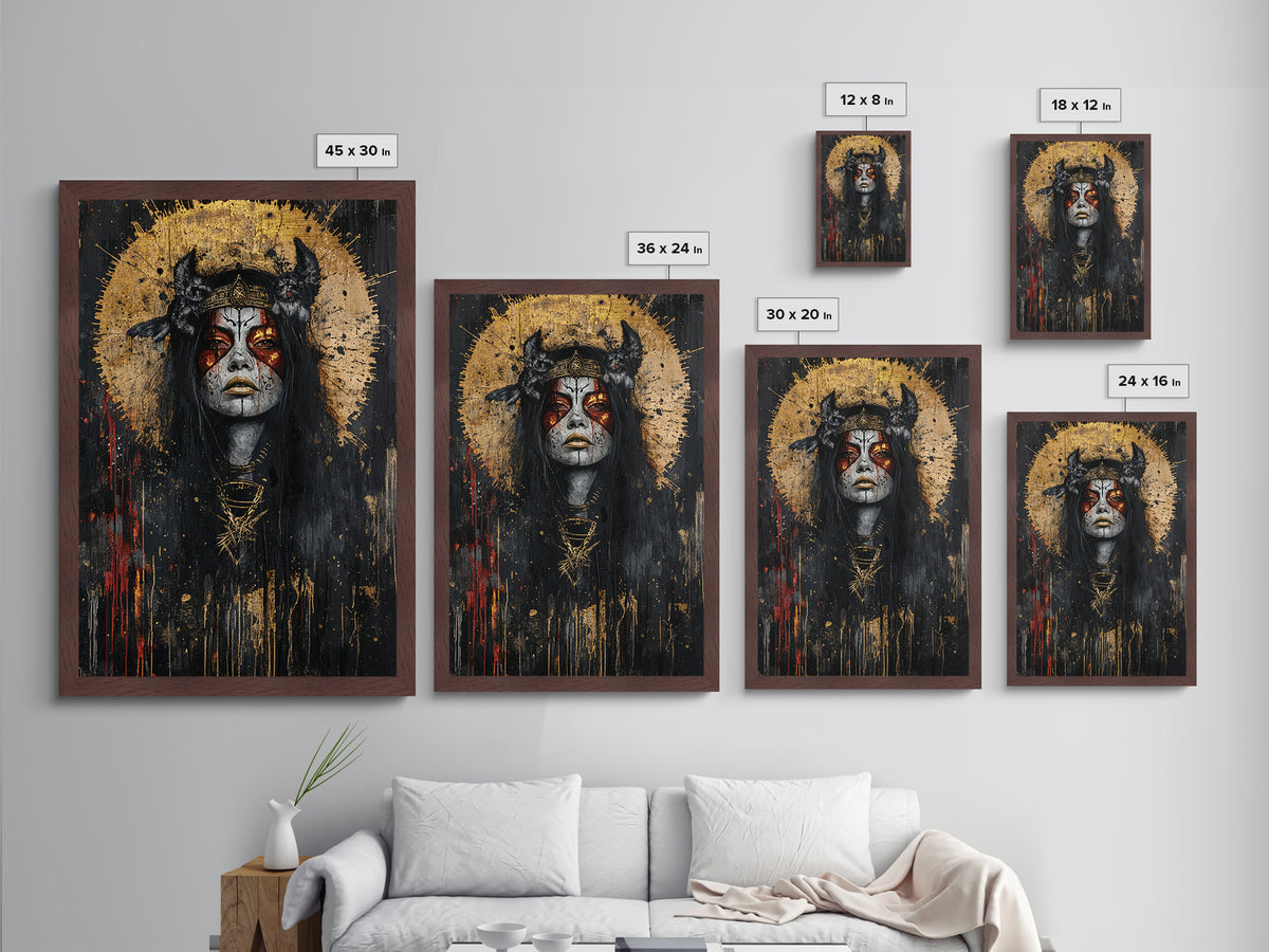 Witch Queen Portrait Metallic Gold Art Metal Art | Gothic Halloween Wall Decor with Natural Wood Frame | Spooky Witchy Design