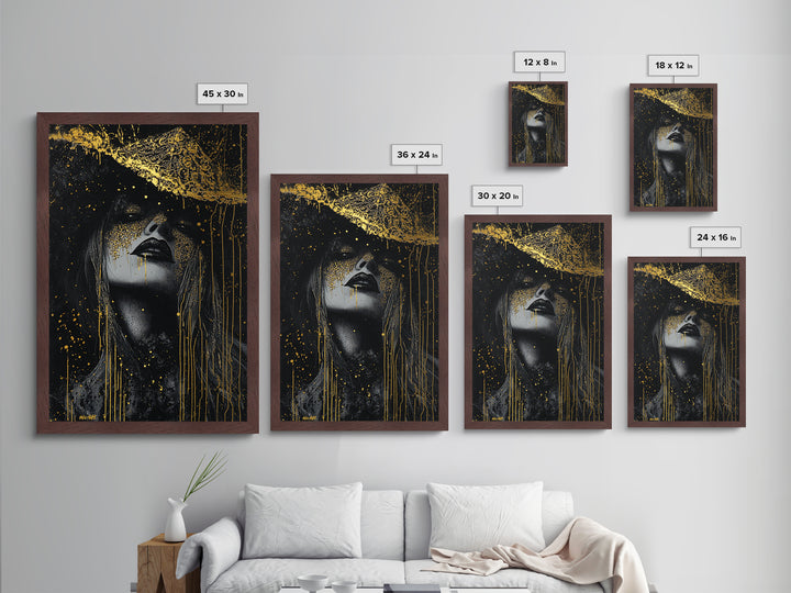 Witchy Woman Metallic Gold Art Metal Art | Spooky Halloween Wall Art with Real Wood Framing | Gothic Haunted Seasonal Decor