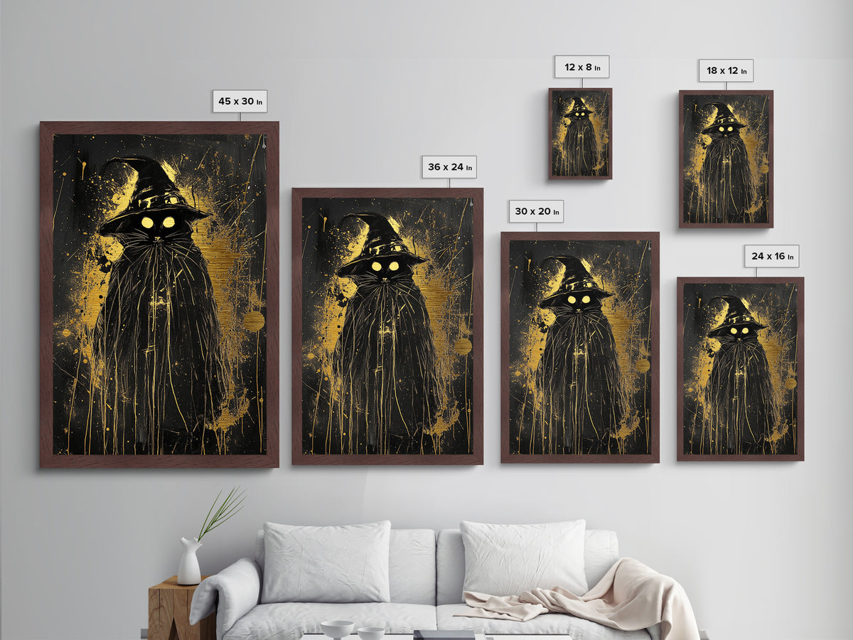 Black Cat Witch Metallic Gold Art Metal Art | Spooky Halloween Wall Decor in Real Wood Frame | Gothic Witchy Haunted Accent