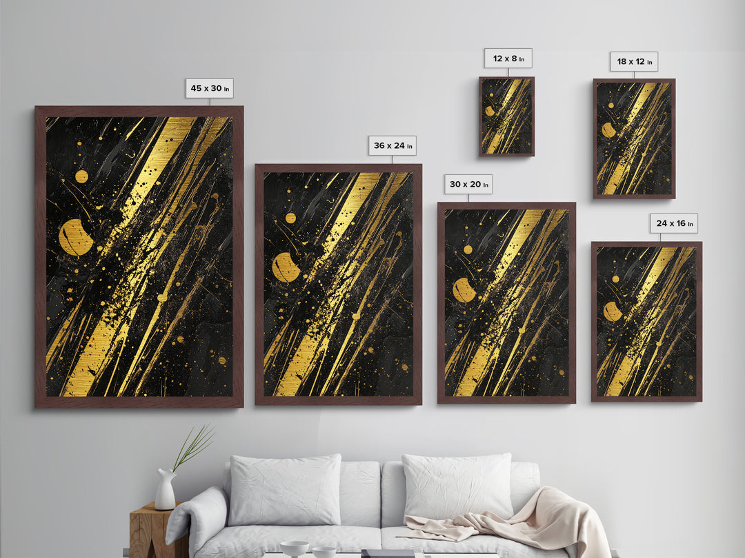 Witchy Abstract Splatter Metallic Gold Art on Black, Gothic Spooky Season Metal Art with Real Wood Frame for Halloween Decor