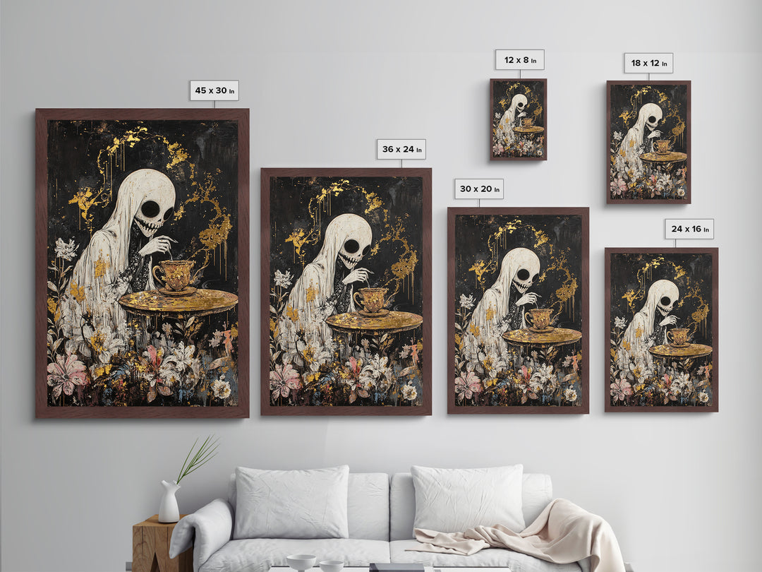 Creepy Skeleton Tea Party Metallic Gold Art, Haunted Horror Metal Art in a Real Wood Frame, Gothic Halloween Wall Hanging
