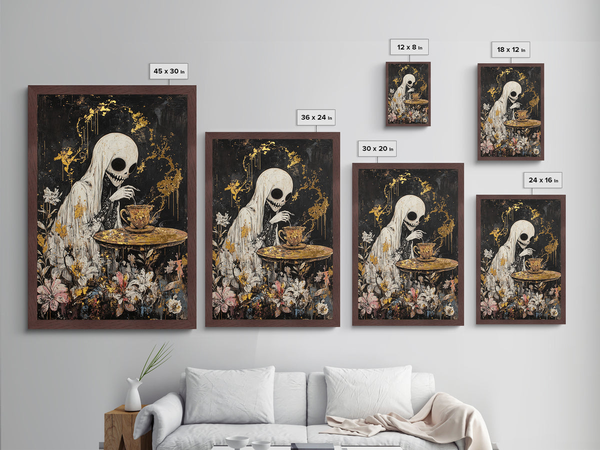 Creepy Skeleton Tea Party Metallic Gold Art, Haunted Horror Metal Art in a Real Wood Frame, Gothic Halloween Wall Hanging
