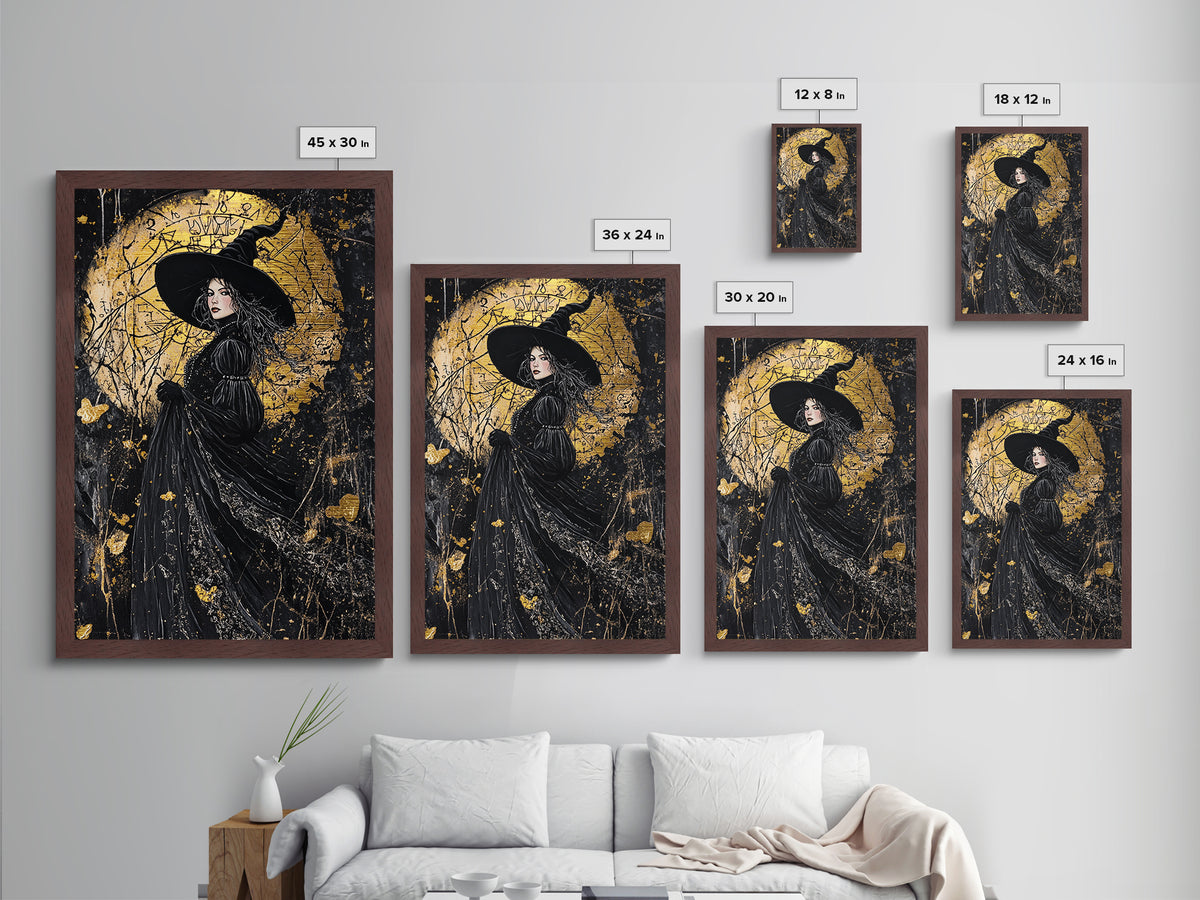 Occult Witch Portrait Metallic Gold Art with Spells, Gothic Sorcery Metal Art Framed in Natural Wood, Spooky Halloween Decor