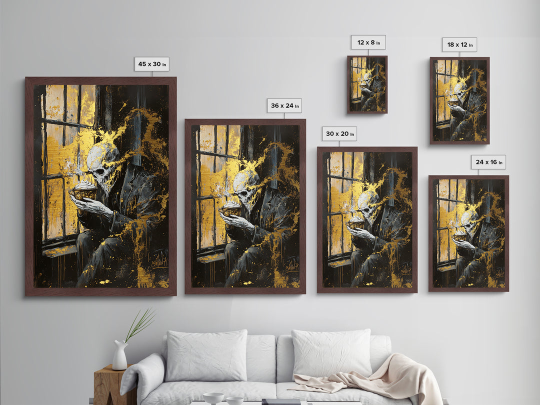 Haunted Skeleton by the Window Metallic Gold Art, Creepy Gothic Metal Art with Steam Cup Framed in Real Wood for Halloween