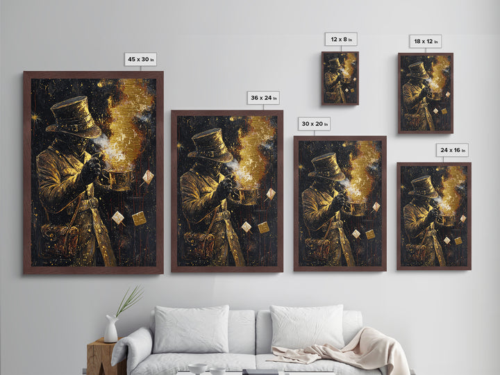 Haunted Gentleman with Fire Metallic Gold Art, Spooky Metal Art Painting, Gothic Horror Wall Decor Framed in Wood