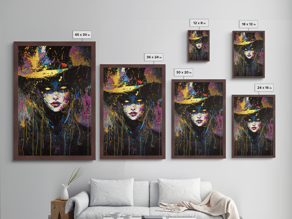 Colorful Witch Face Metallic Gold Art with Neon Splatter, Gothic Spooky Season Metal Art in a Real Wood Frame Halloween Print