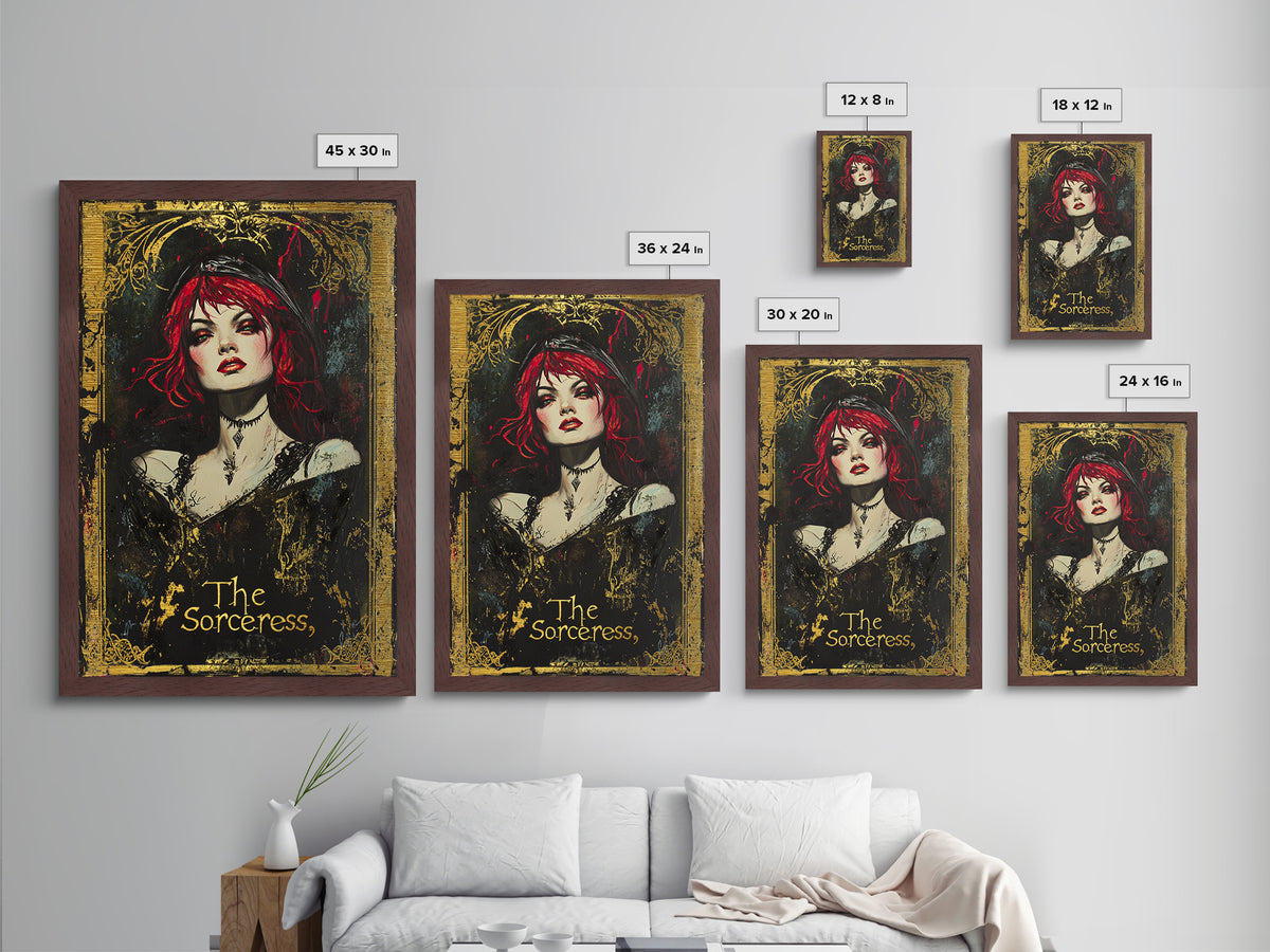 The Sorceress Gothic Portrait Metallic Gold Art, Dark Witchy Halloween Metal Art Framed in Natural Wood, Creepy Spooky Decor
