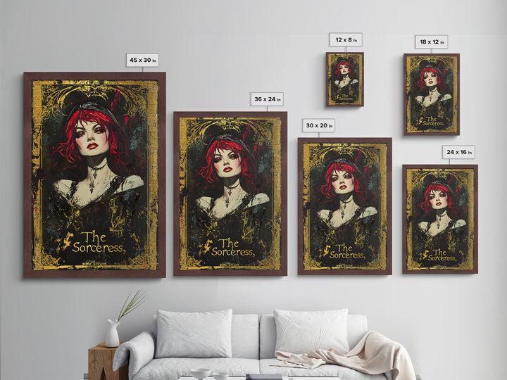 The Sorceress Gothic Portrait Metallic Gold Art, Dark Witchy Halloween Metal Art Framed in Natural Wood, Creepy Spooky Decor