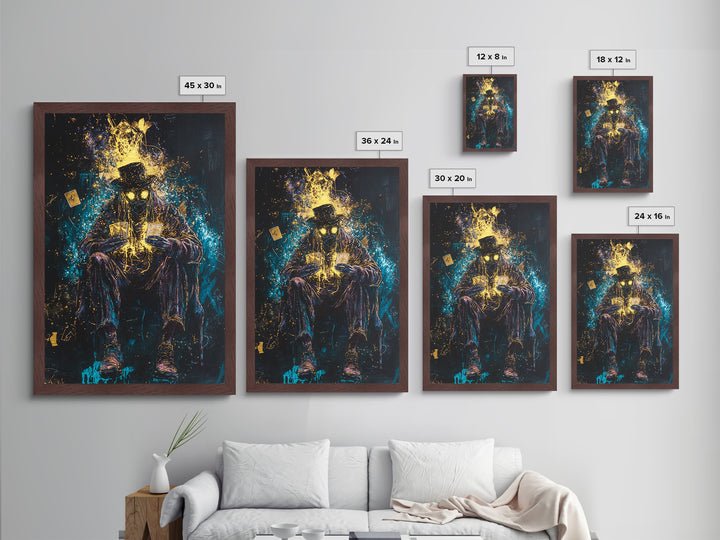 Tarot Card Reader Metallic Gold Art with Glowing Eyes, Gothic Fortune Teller Metal Art Framed in Real Wood for Spooky Season