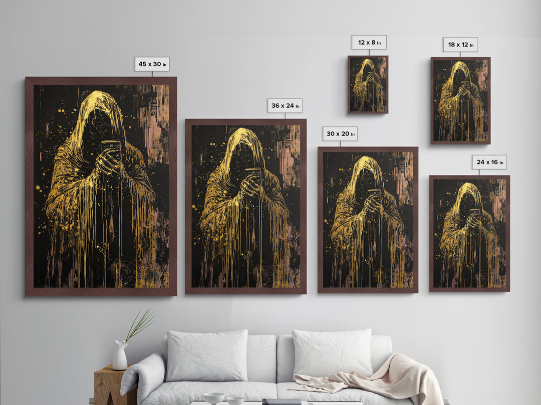 Grim Reaper with Cassette Metallic Gold Art, Haunted Spooky Horror Metal Art on Black Canvas with Real Wood Frame Halloween