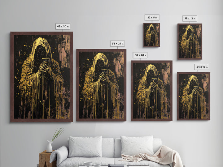 Grim Reaper with Cassette Metallic Gold Art, Haunted Spooky Horror Metal Art on Black Canvas with Real Wood Frame Halloween