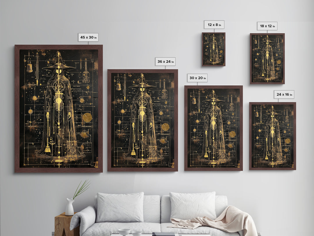 Alchemist Witch Schematic Metallic Gold Art, Gothic Occult Halloween Metal Art Framed in Natural Wood, Spooky Season Decor