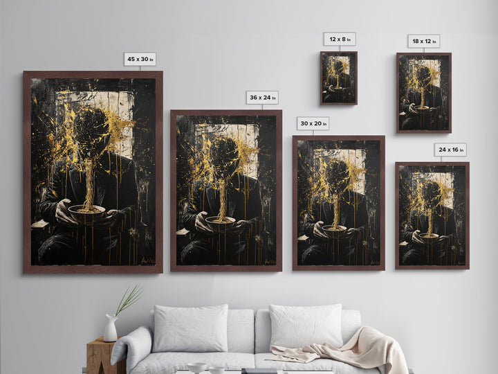 Haunted Spirit Explosion Metallic Gold Art, Creepy Horror Season Metal Art on Black Canvas with Real Wood Frame for Halloween