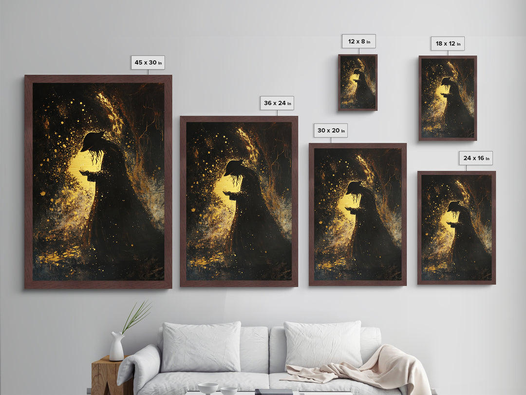 Spooky Gothic Metallic Gold Art Metal Art Skull Portrait – Halloween Horror Wall Hanging with Framed Natural Wood