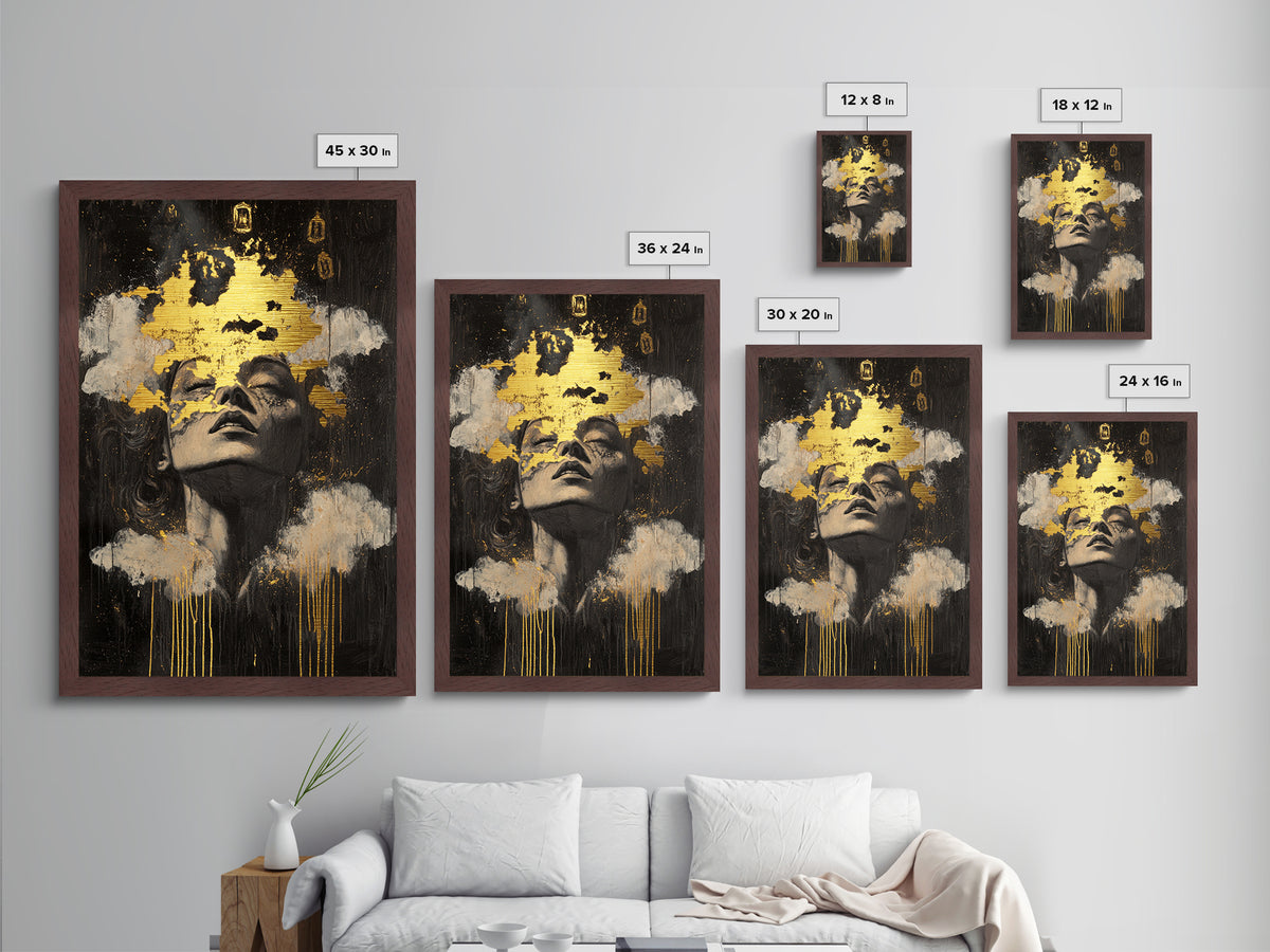 Haunted Dreams Metallic Gold Art, Gothic Spooky Season Metal Art Wall Décor, framed in natural real wood for Halloween