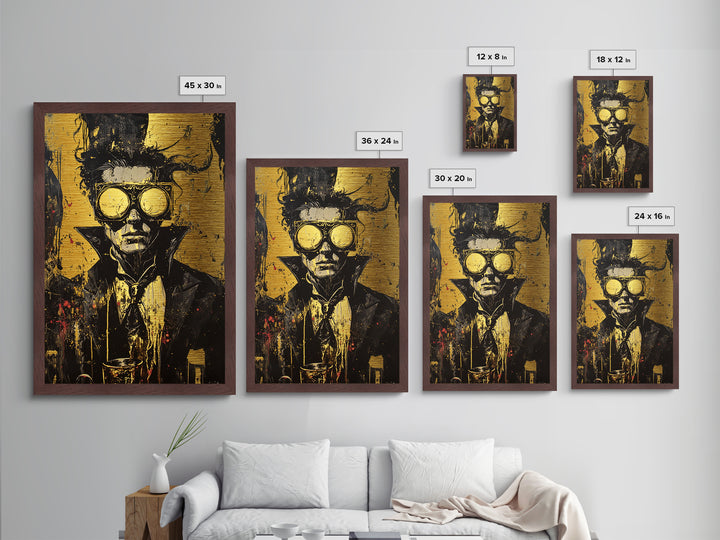 Creepy Steampunk Metallic Gold Art Metal Art Vampire Portrait – Halloween Gothic Decor Framed in Real Wood