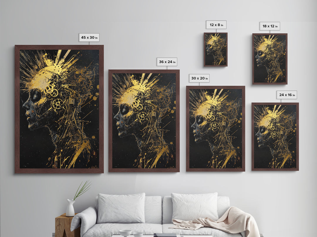 Metallic Gold Art Metal Art Mechanical Skull – Spooky Halloween Horror Wall Print with Dark Gothic Real Wood Frame