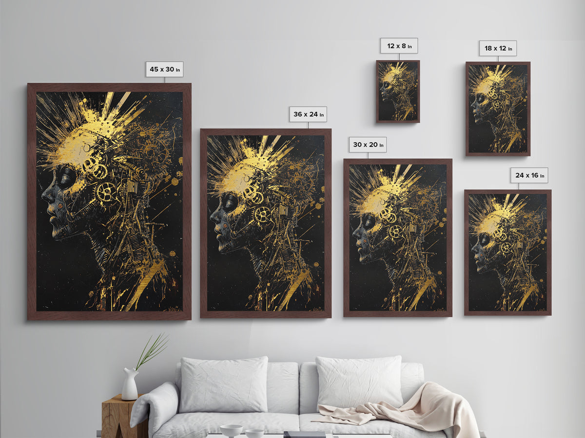 Metallic Gold Art Metal Art Mechanical Skull – Spooky Halloween Horror Wall Print with Dark Gothic Real Wood Frame
