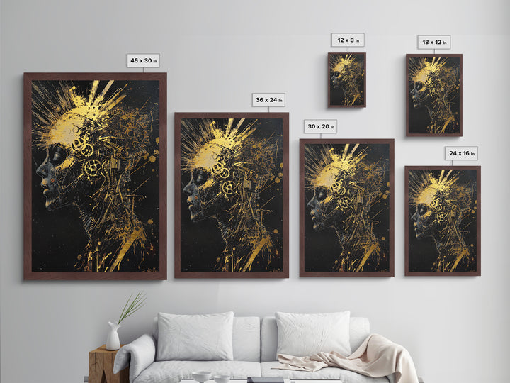 Metallic Gold Art Metal Art Mechanical Skull – Spooky Halloween Horror Wall Print with Dark Gothic Real Wood Frame