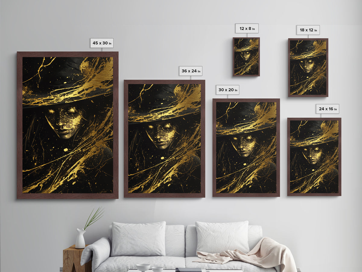 Halloween Witch Metallic Gold Art Metal Art Wall Hanging – Spooky Season Decor Framed in Rustic Real Wood