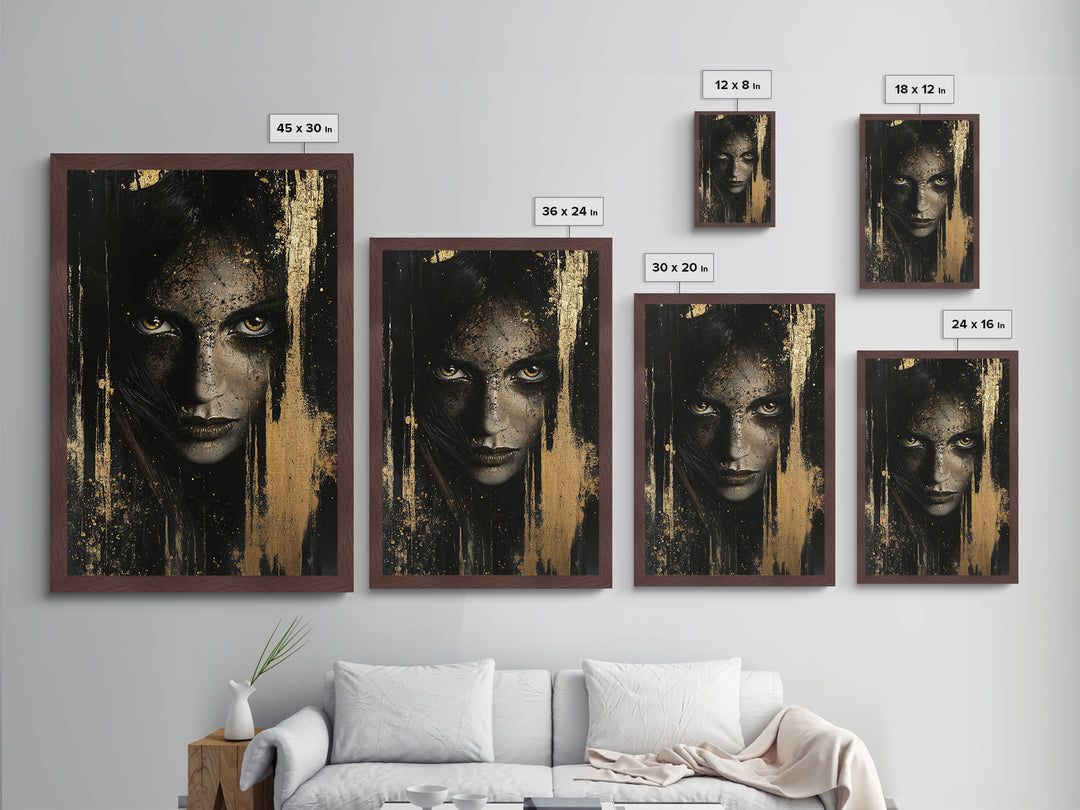 Metal Art Metallic Gold Art Haunted Gothic Female Portrait – Spooky Season Horror Aesthetic with Real Wood Frame