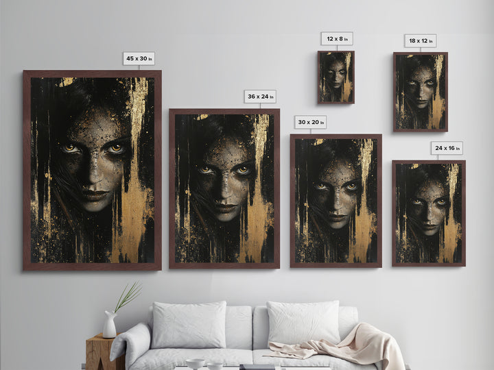 Metal Art Metallic Gold Art Haunted Gothic Female Portrait – Spooky Season Horror Aesthetic with Real Wood Frame