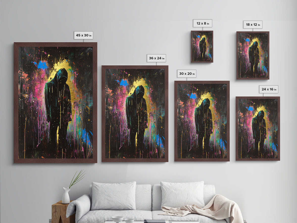 Dark Spooky Metallic Gold Art Metal Art Hooded Figure – Halloween Gothic Wall Print Framed with Natural Real Wood