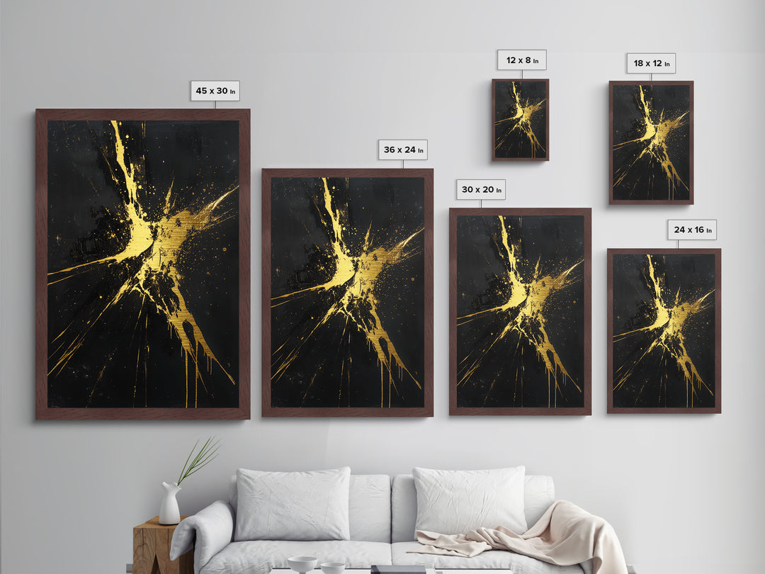 Metal Art Metallic Gold Halloween Wall Decor, Gothic Abstract Splatter Painting, Spooky Season Accent framed in real wood