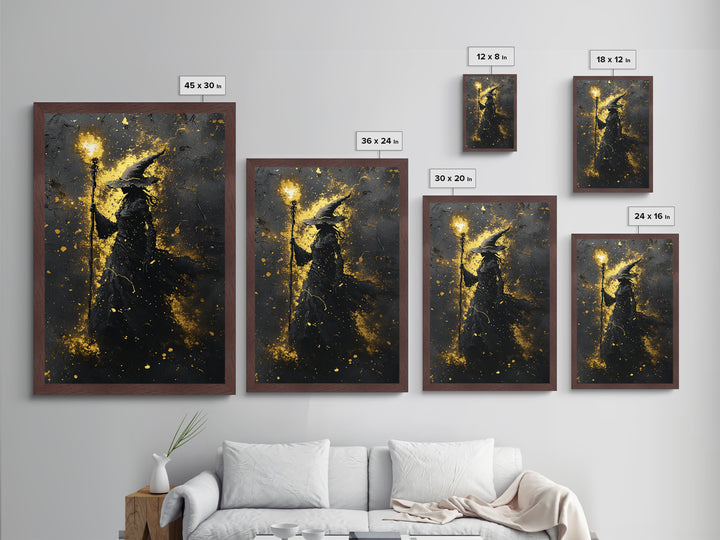 Witchy Gothic Decor Metallic Gold Art, Spooky Wizard Metal Art Wall Hanging, Halloween Home Style with natural wood frame
