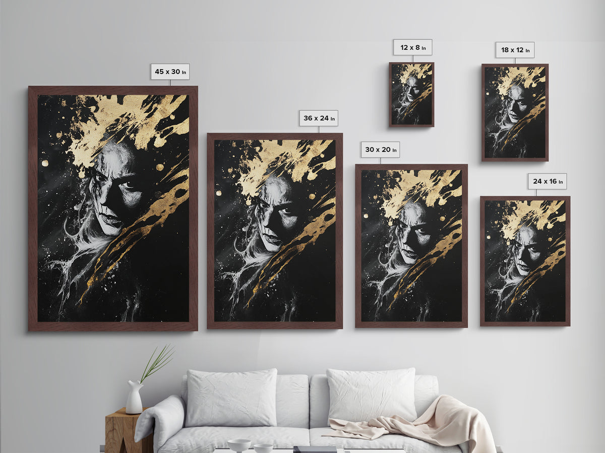 Haunted Portrait Halloween Metallic Gold Art, Gothic Horror Face Metal Art Print, Dark Wall Decor mounted in real wood frame