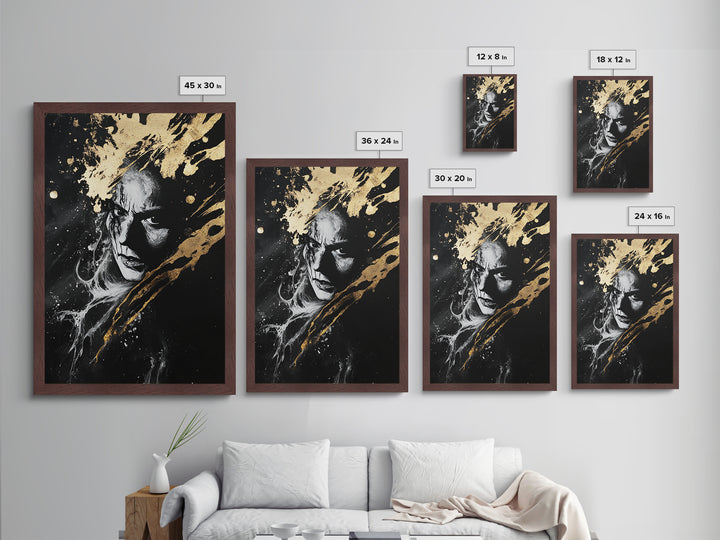 Haunted Portrait Halloween Metallic Gold Art, Gothic Horror Face Metal Art Print, Dark Wall Decor mounted in real wood frame