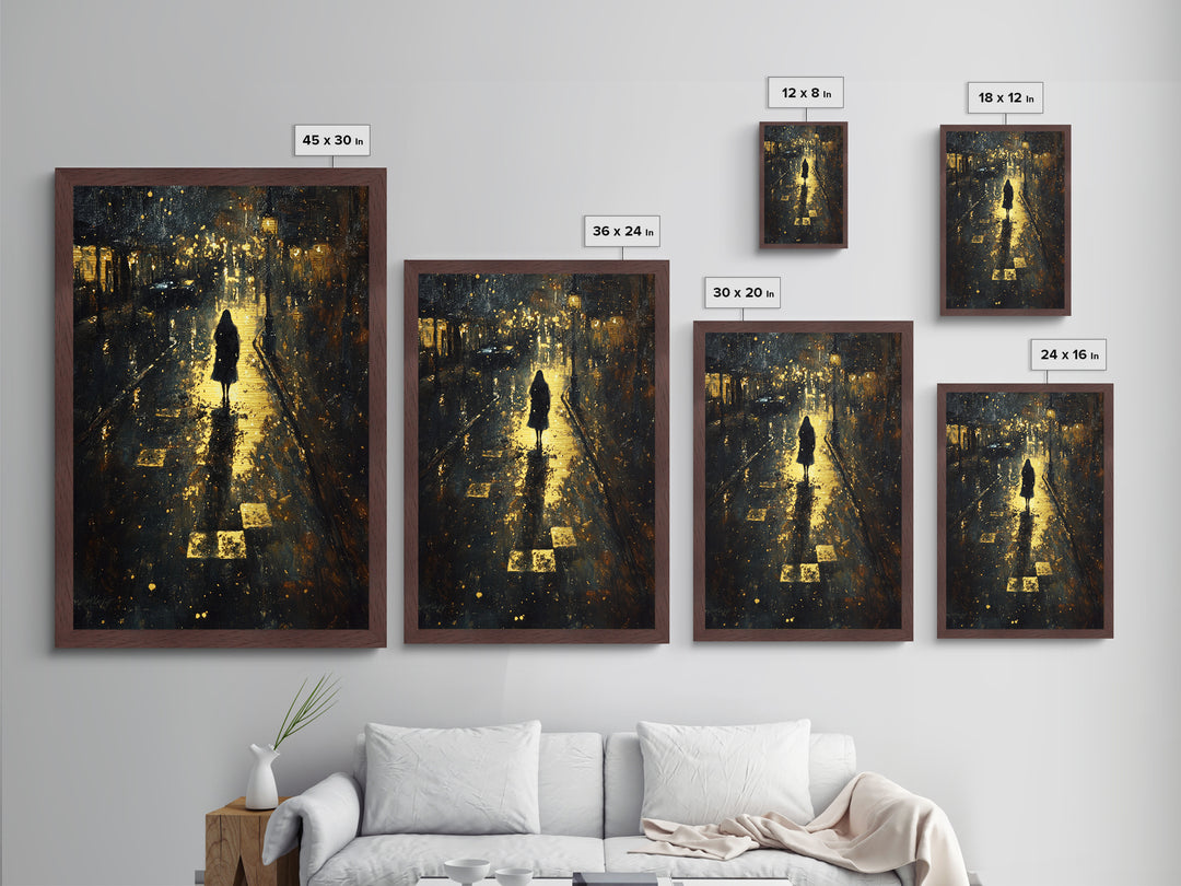Spooky Night Street Scene Metallic Gold Art, Haunted City Metal Art Print, Gothic Halloween Wall Decor in rustic wood frame